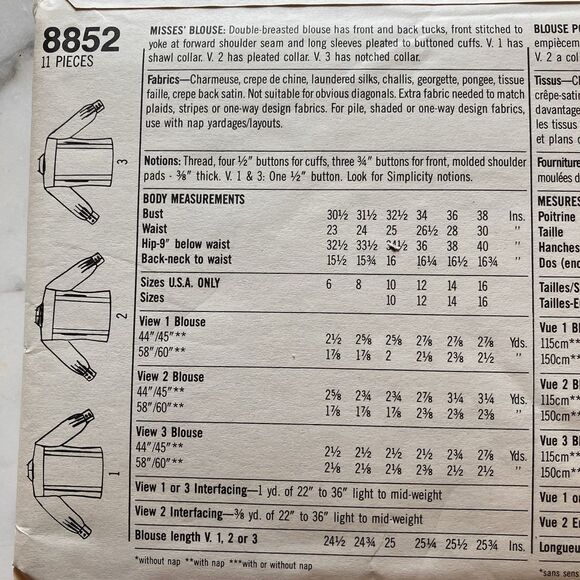 Vintage Simplicity Pattern 8852 1980s Misses' Double Breasted Blouse Sz 14 Uncut - Picture 5 of 7